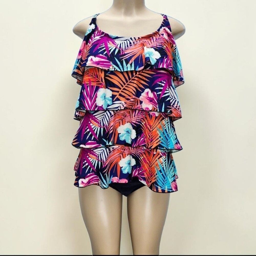 Your Best Look YBL Tiered Ruffle Tankini Swimsuit Womens 20 Tropical Floral Blue